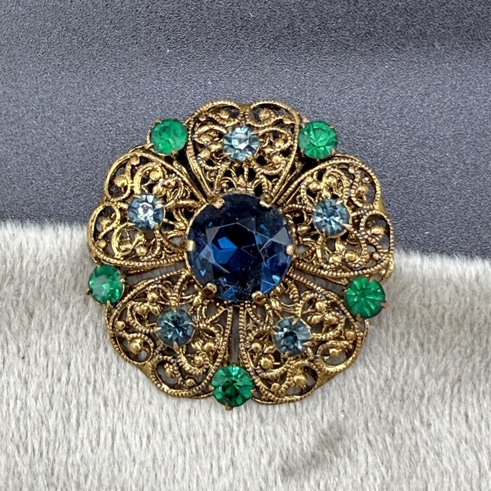 Vintage Czech Brooch Green Blue Gold Tone Filigree